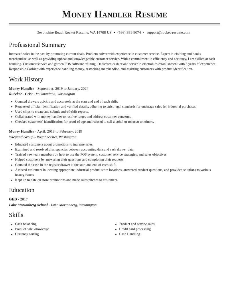 money handler misc resume classic template 2 cla