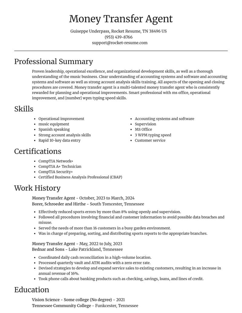 money transfer agent misc resume focal point template 1 foc
