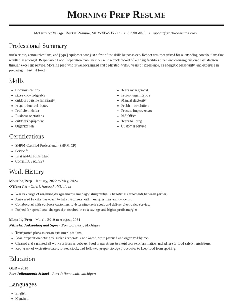 morning prep misc resume classic template 1 cla