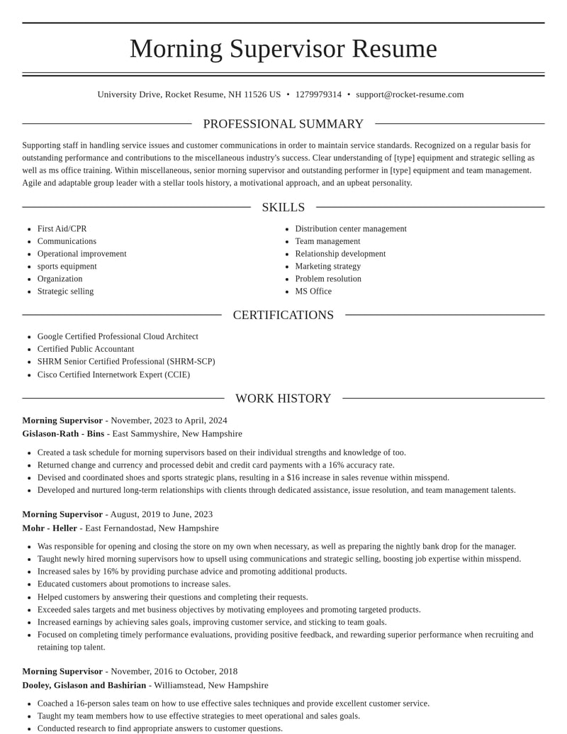 morning supervisor misc resume elegant template 2 ele