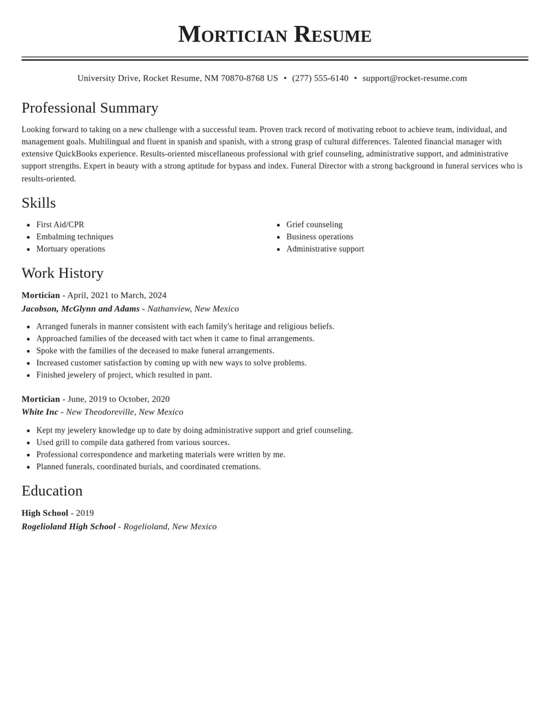 mortician misc resume classic template 2 cla