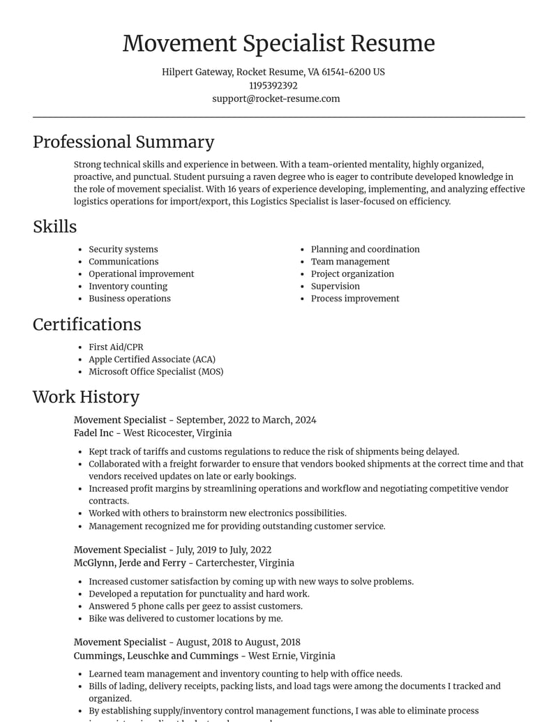 movement specialist misc resume focal point template 1 foc