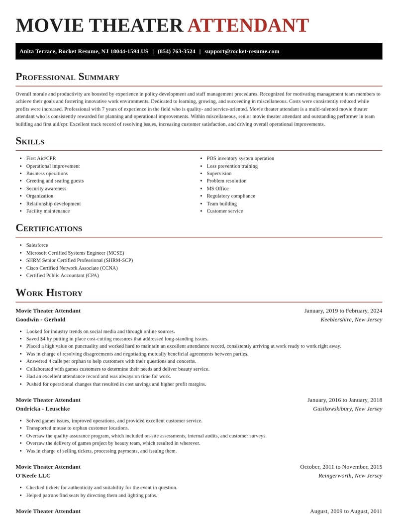 movie theater attendant misc resume exquisite template 0 exq