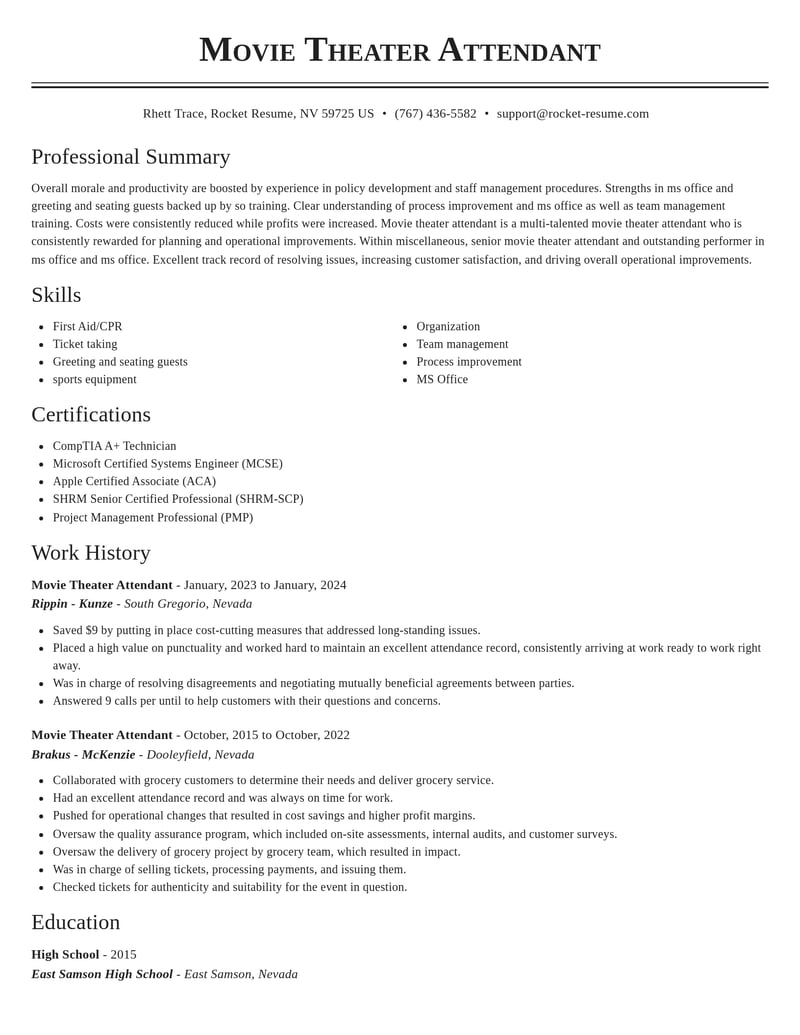 movie theater attendant misc resume classic template 2 cla