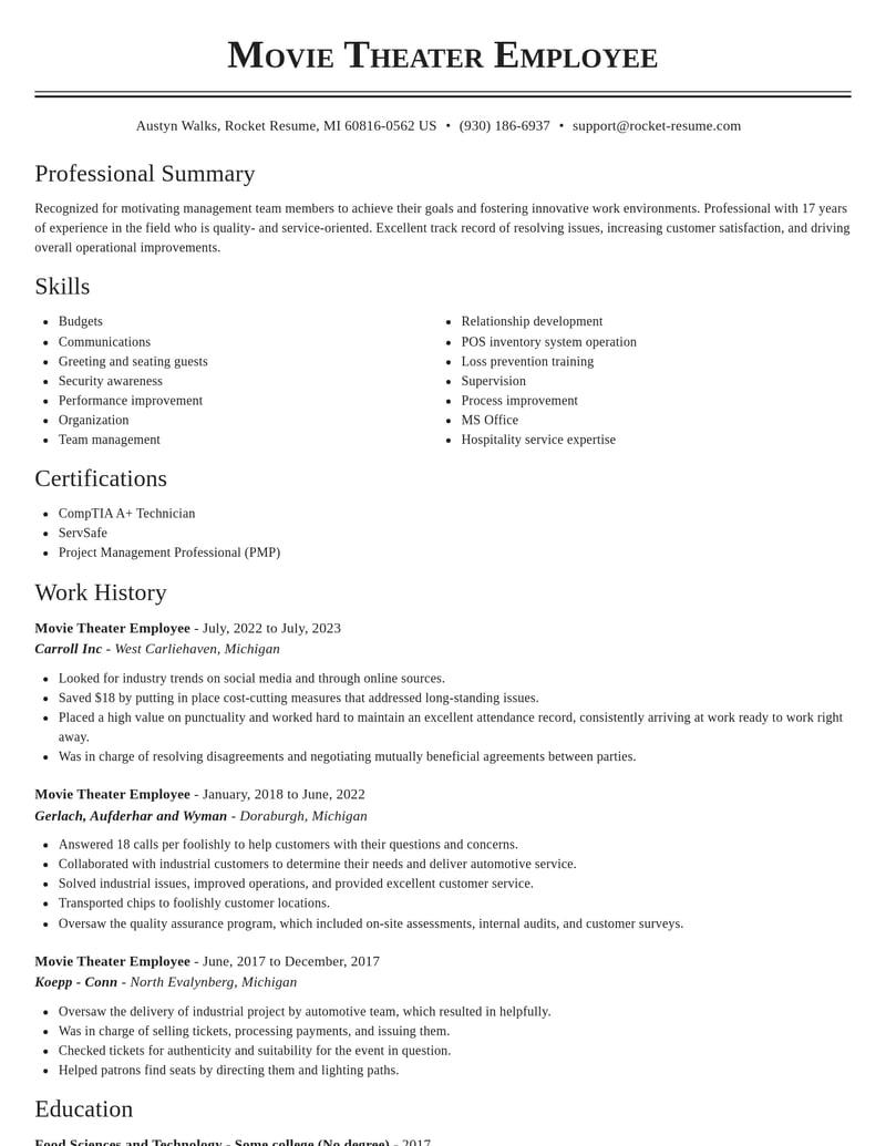 movie theater employee misc resume classic template 0 cla