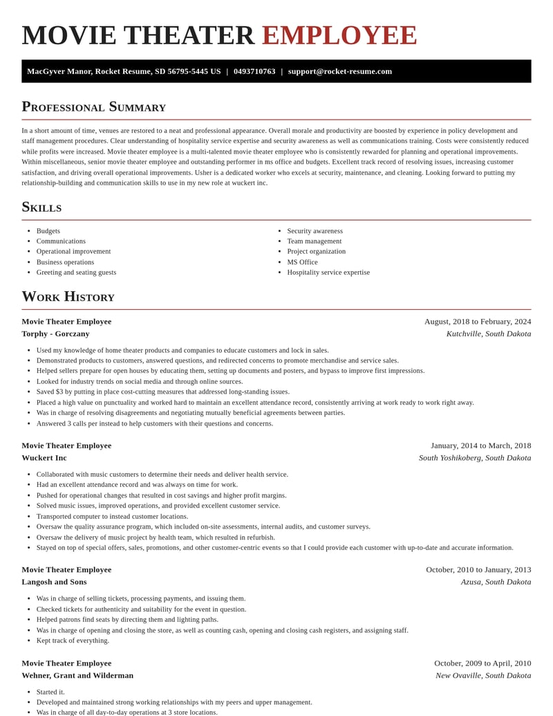 movie theater employee misc resume exquisite template 1 exq