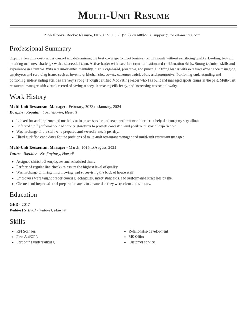 multi unit restaurant manager misc resume classic template 2 cla