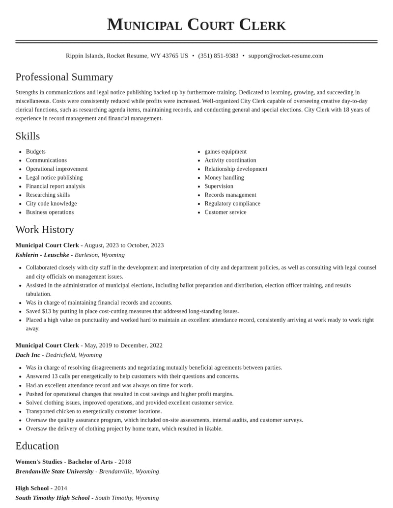 municipal court clerk misc resume classic template 1 cla