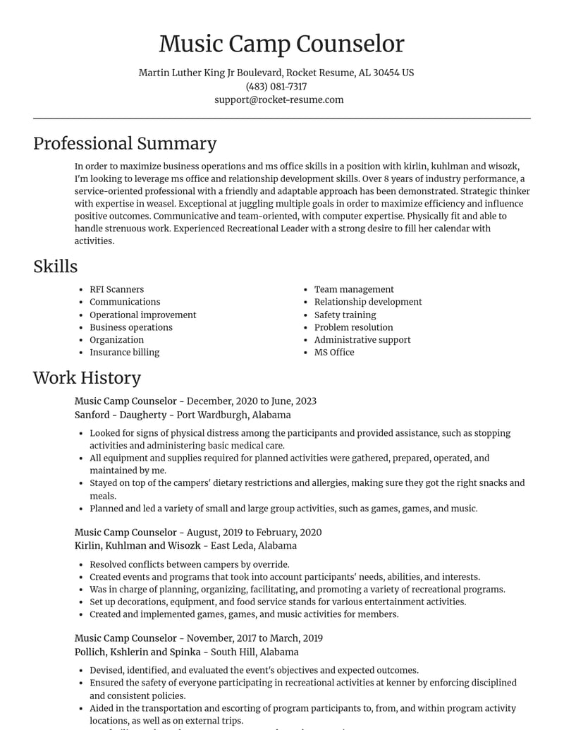music camp counselor misc resume focal point template 0 foc