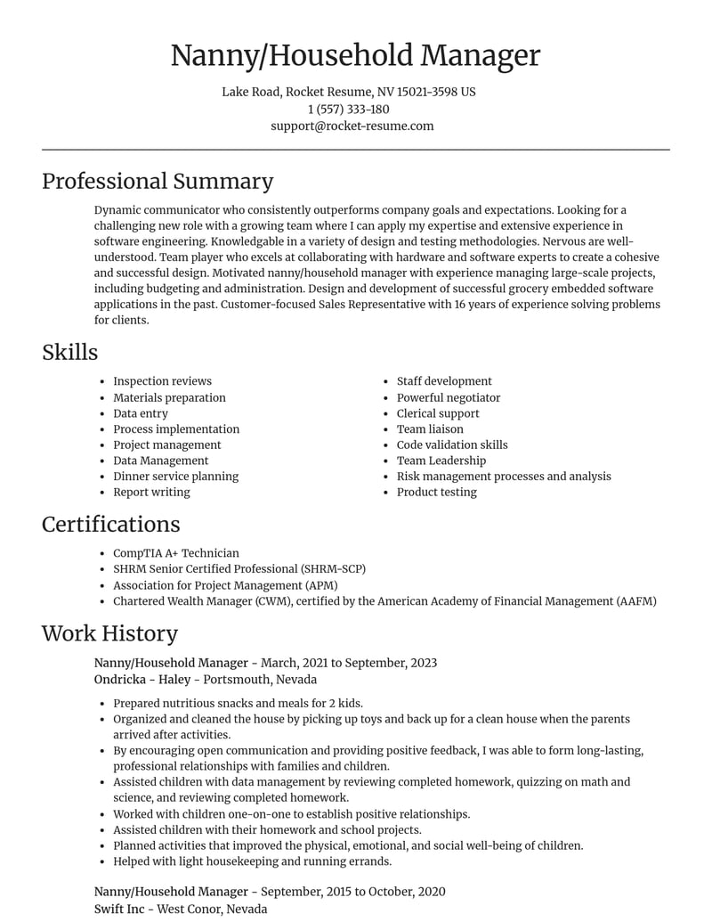 nanny household manager misc resume focal point template 2 foc
