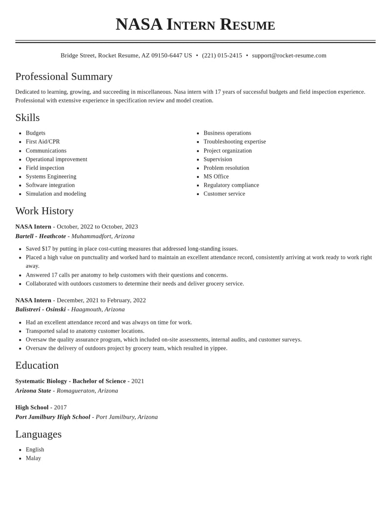 nasa intern misc resume classic template 1 cla
