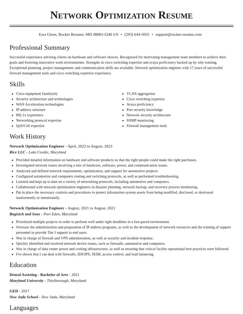 network optimization engineer misc resume classic template 0 cla