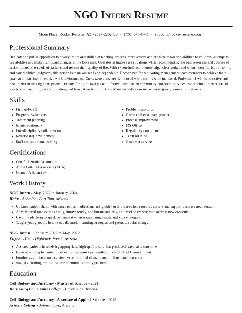 ngo intern misc resume classic template 2 cla