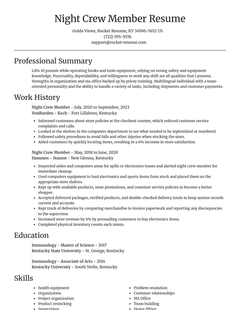 night crew member misc resume focal point template 2 foc