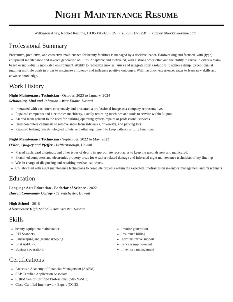 night maintenance technician misc resume classic template 2 cla