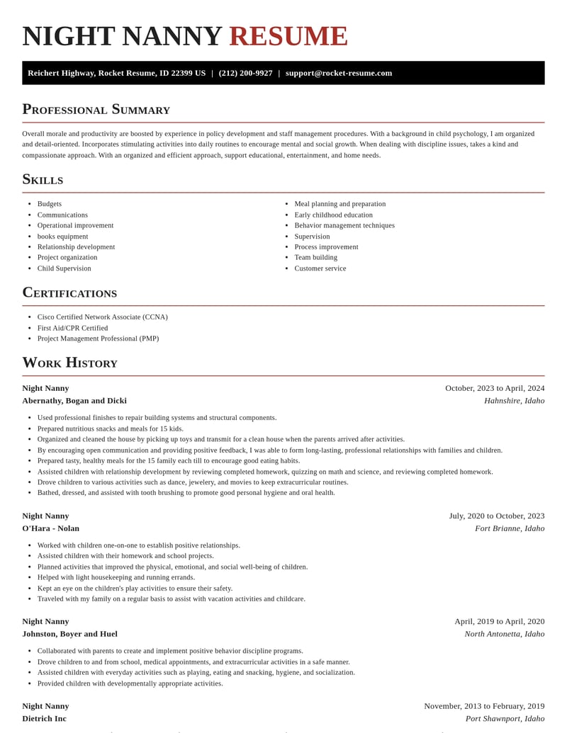 night nanny misc resume exquisite template 0 exq