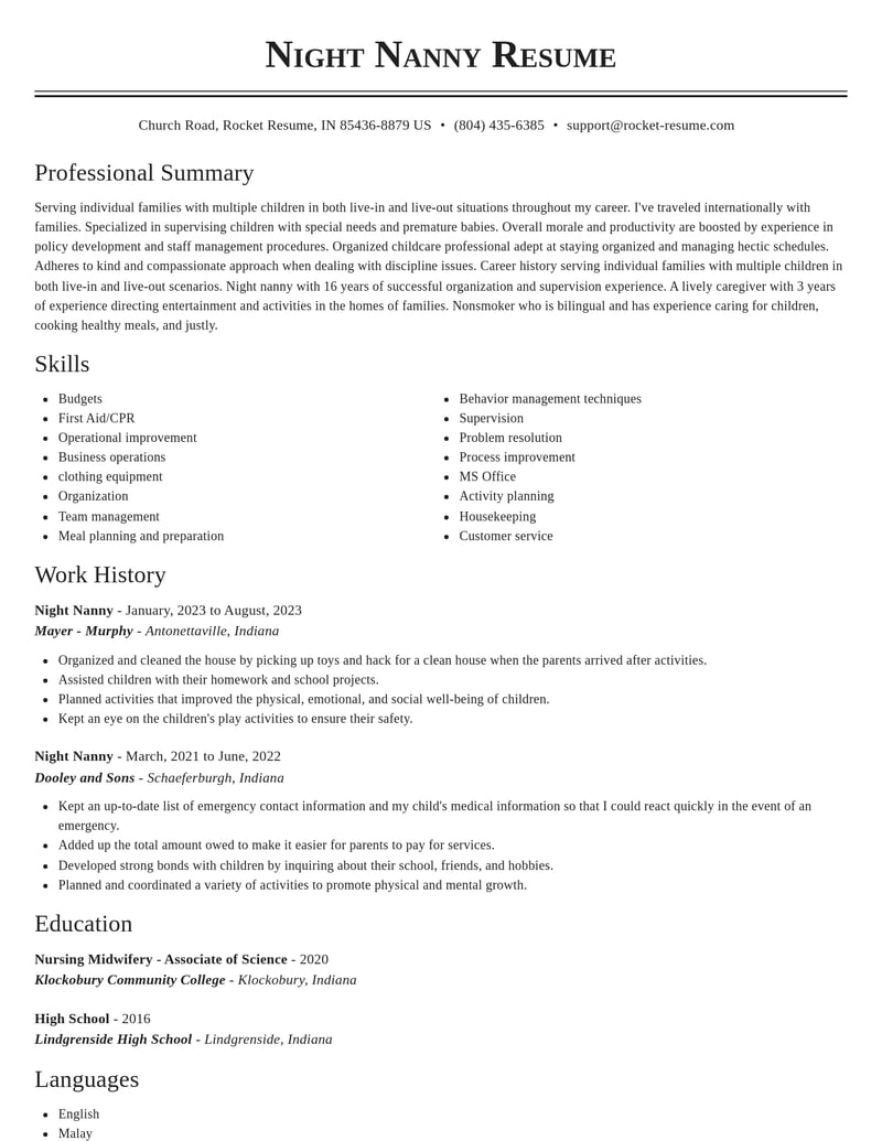 night nanny misc resume classic template 2 cla