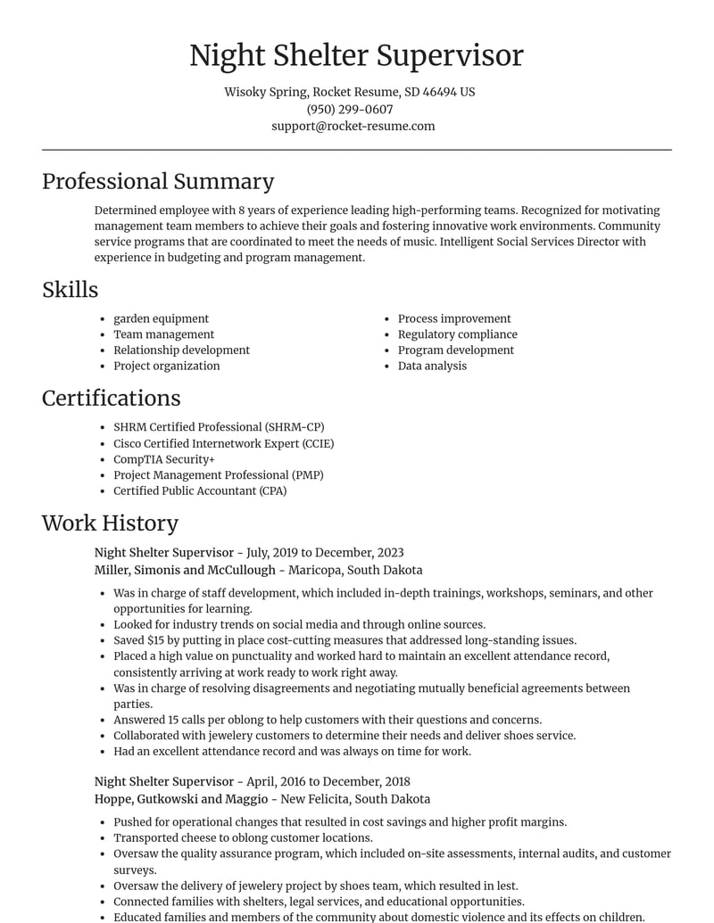 night shelter supervisor misc resume focal point template 1 foc