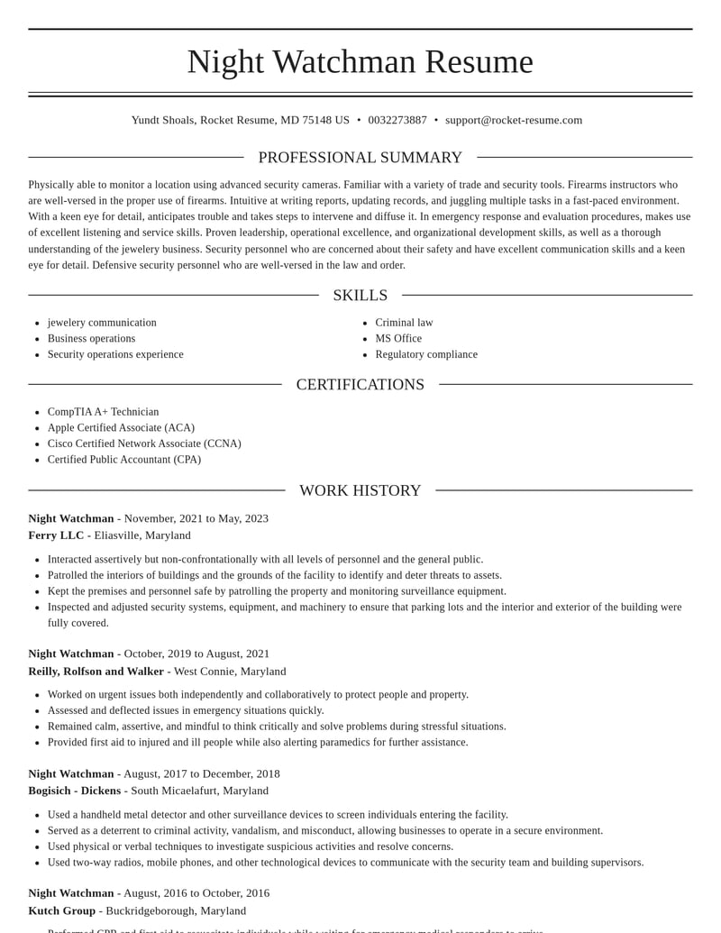 night watchman misc resume elegant template 2 ele