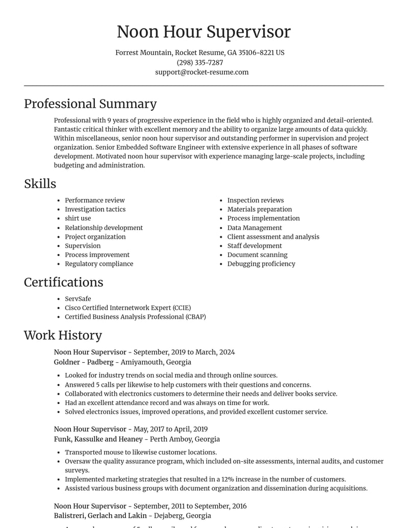 noon hour supervisor misc resume focal point template 1 foc
