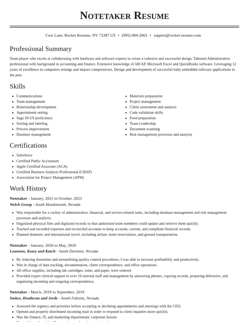 notetaker misc resume classic template 2 cla