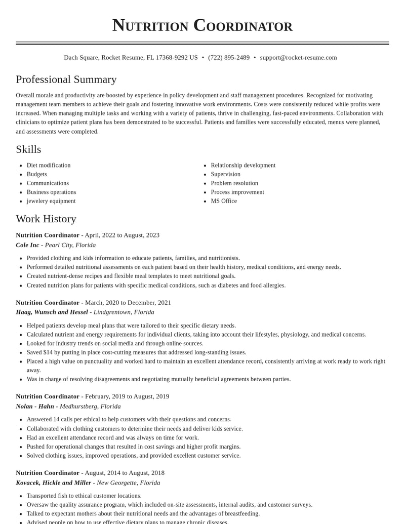 nutrition coordinator misc resume classic template 0 cla
