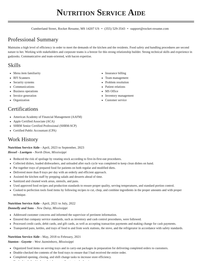 nutrition service aide misc resume classic template 1 cla