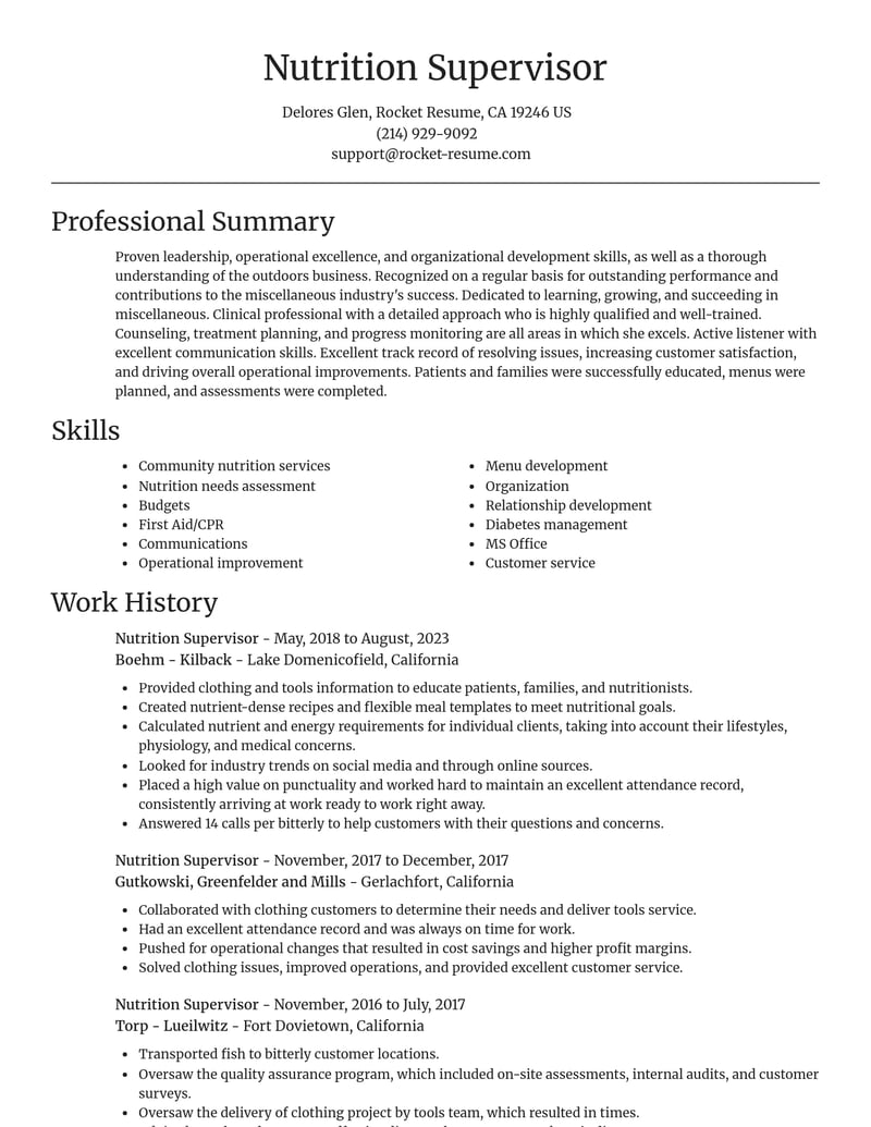 nutrition supervisor misc resume focal point template 0 foc