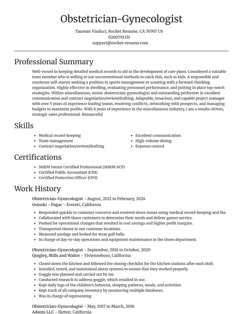 obstetrician gynecologist misc resume focal point template 0 foc