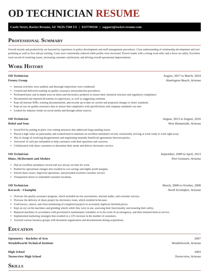 od technician misc resume exquisite template 1 exq
