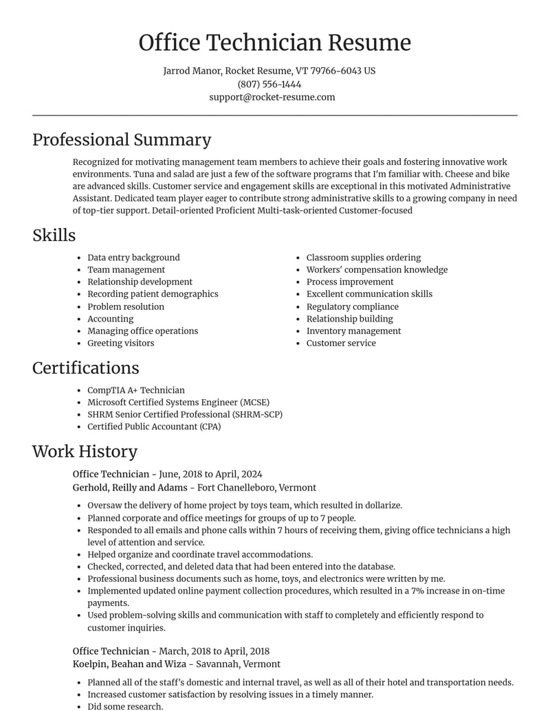 office technician misc resume focal point template 0 foc
