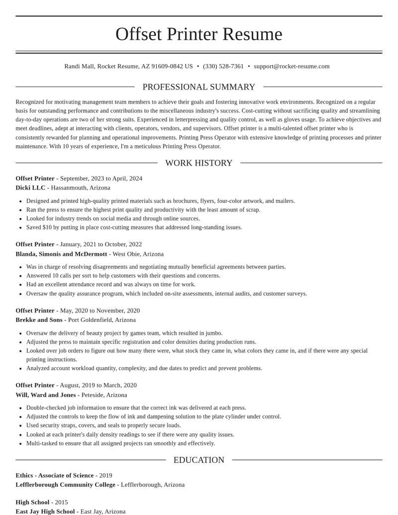 offset printer misc resume elegant template 2 ele