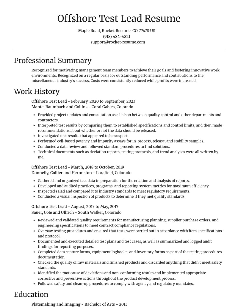 offshore test lead misc resume focal point template 2 foc