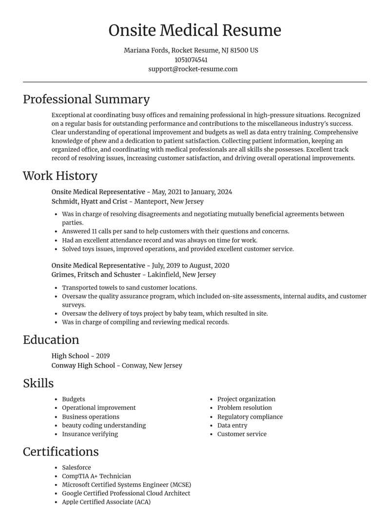onsite medical representative misc resume focal point template 2 foc