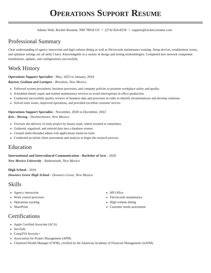 operations support specialist misc resume classic template 0 cla