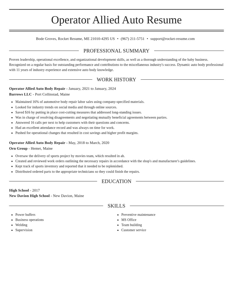 operator allied auto body repair misc resume elegant template 0 ele