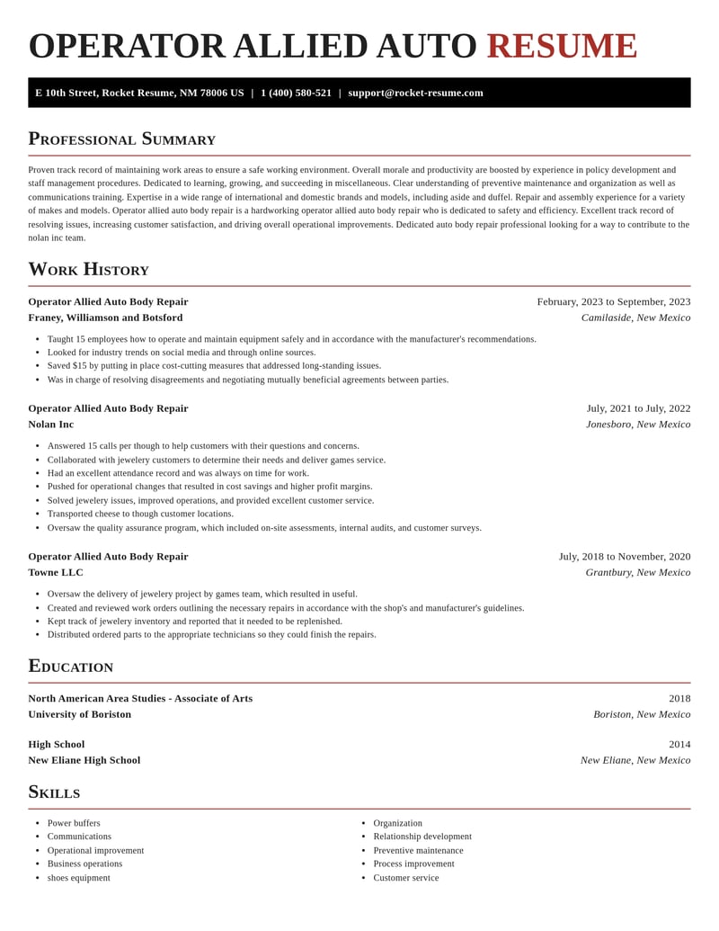 operator allied auto body repair misc resume exquisite template 2 exq