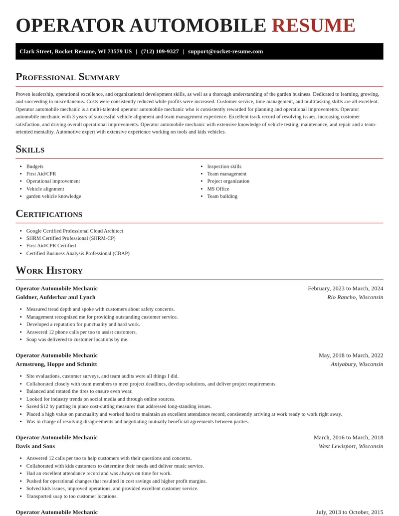 operator automobile mechanic misc resume exquisite template 2 exq
