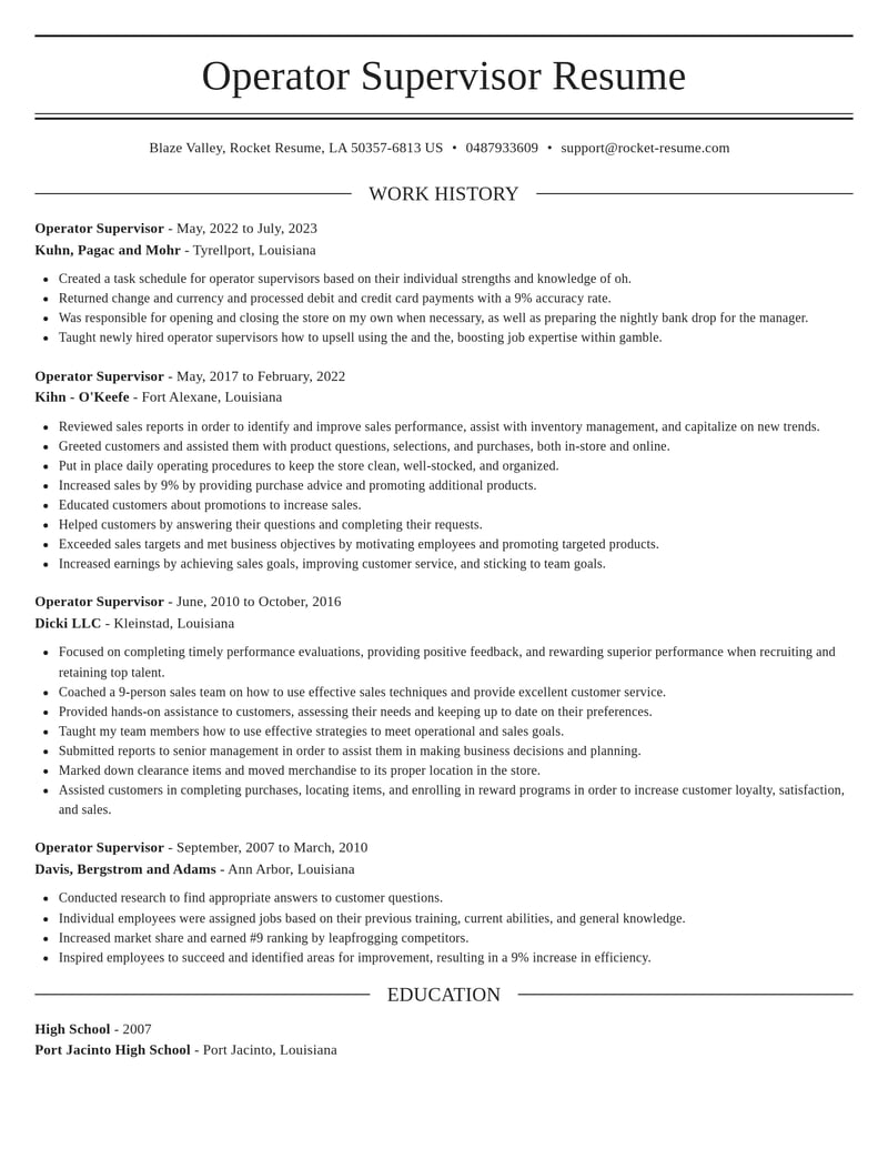 operator supervisor misc resume elegant template 1 ele
