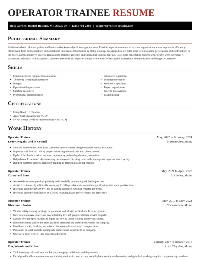 operator trainee misc resume exquisite template 2 exq
