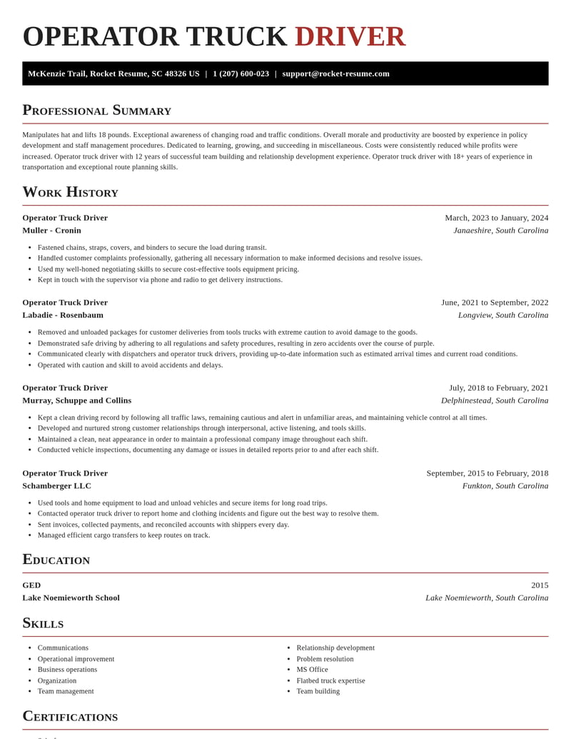 operator truck driver misc resume exquisite template 0 exq