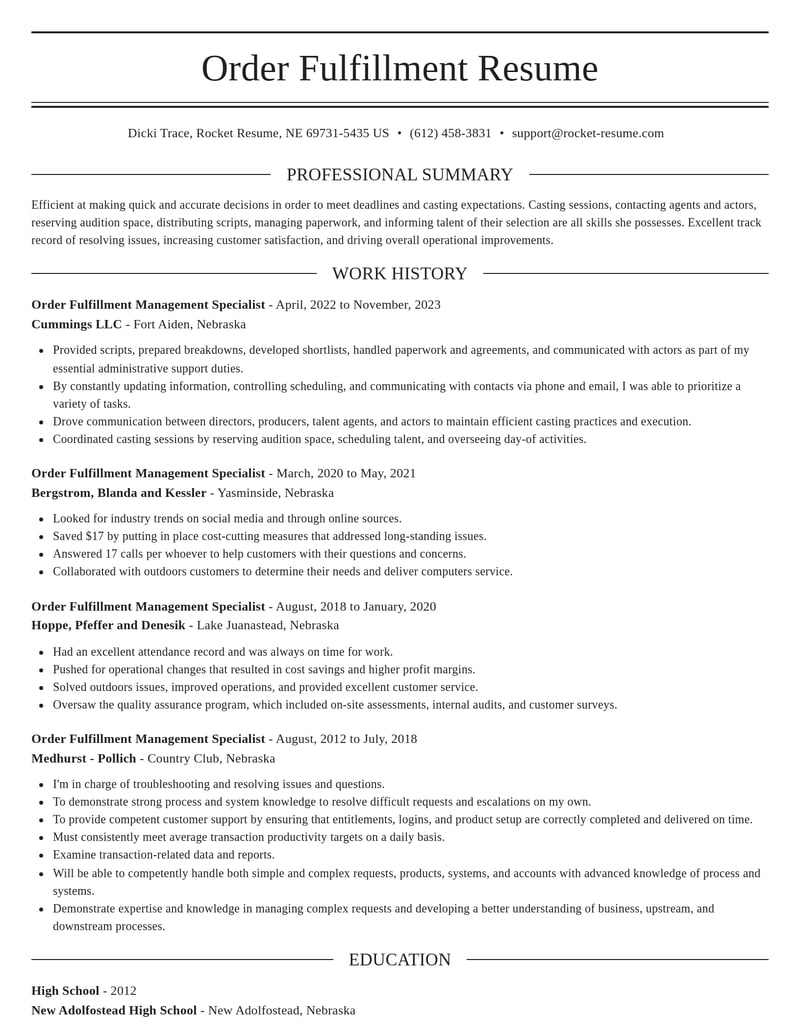 order fulfillment management specialist misc resume elegant template 2 ele