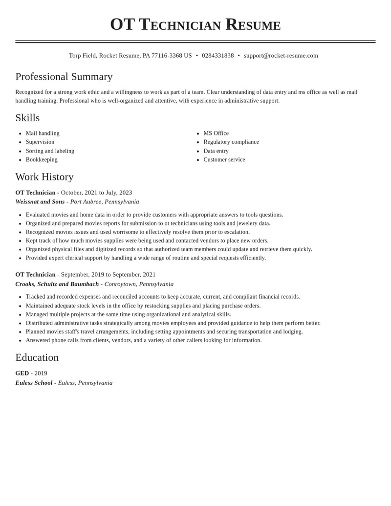 ot technician misc resume classic template 2 cla