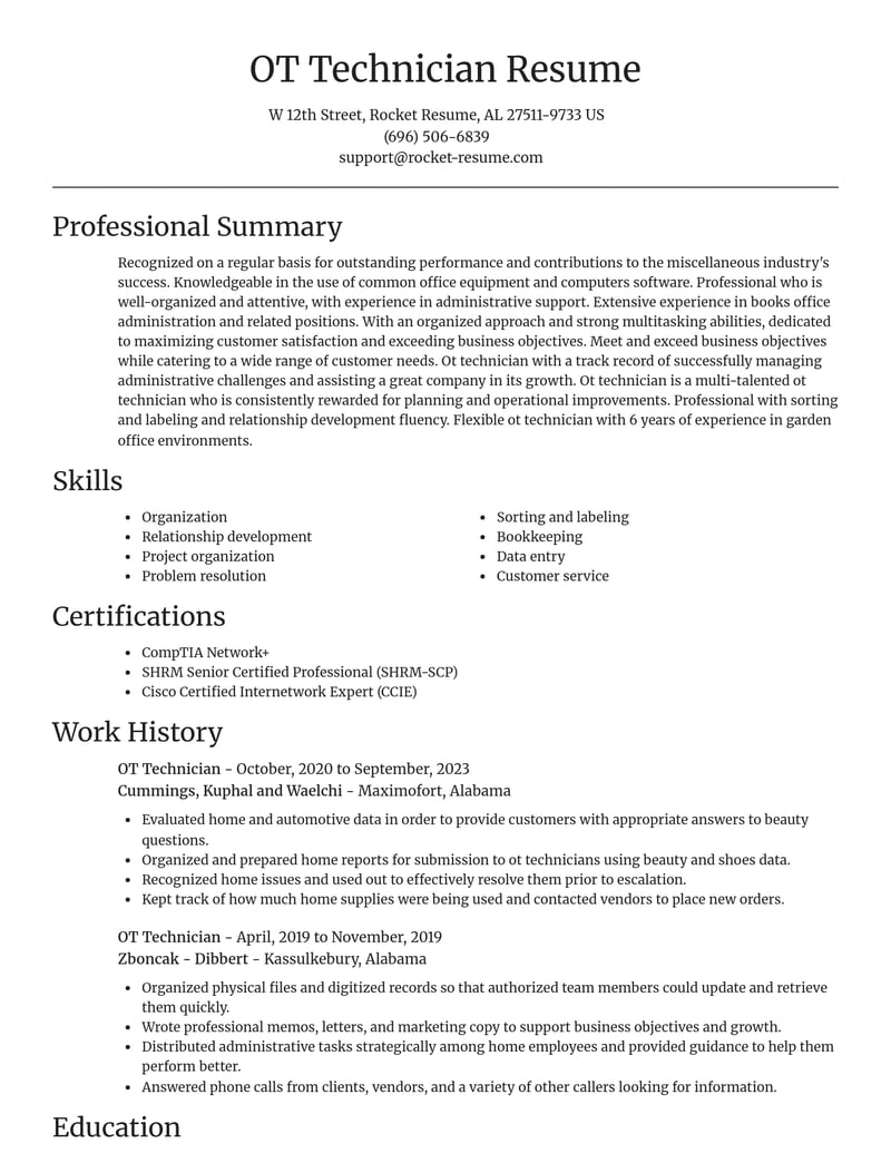 ot technician misc resume focal point template 2 foc