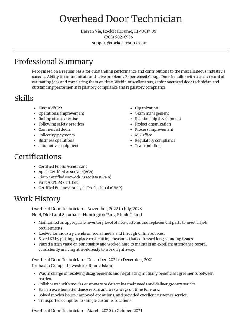 overhead door technician misc resume focal point template 1 foc