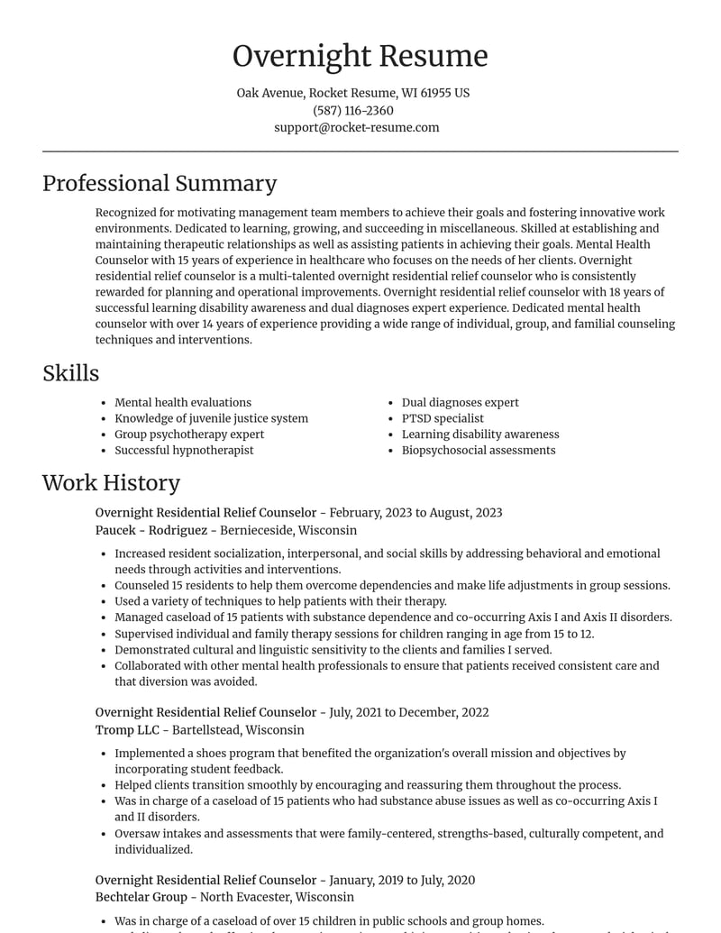 overnight residential relief counselor misc resume focal point template 0 foc