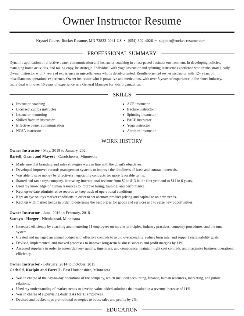 owner instructor misc resume elegant template 0 ele