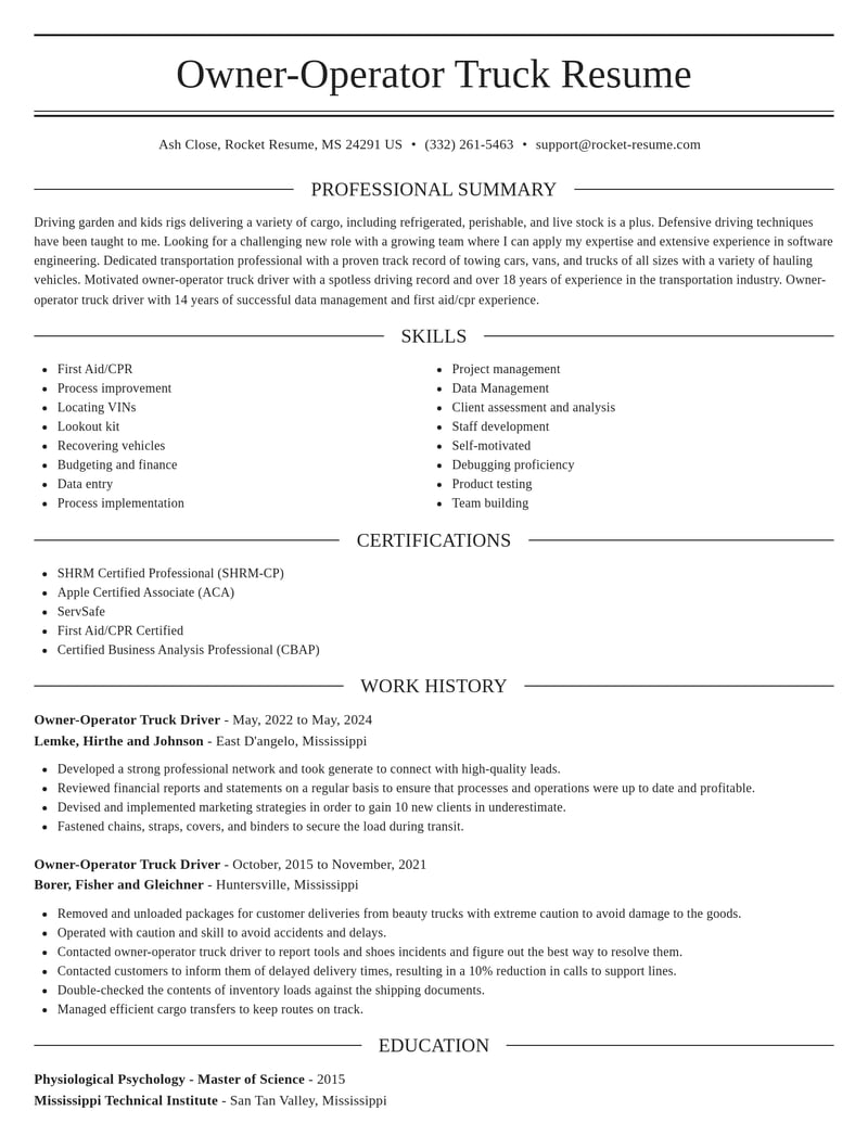 owner operator truck driver misc resume elegant template 1 ele