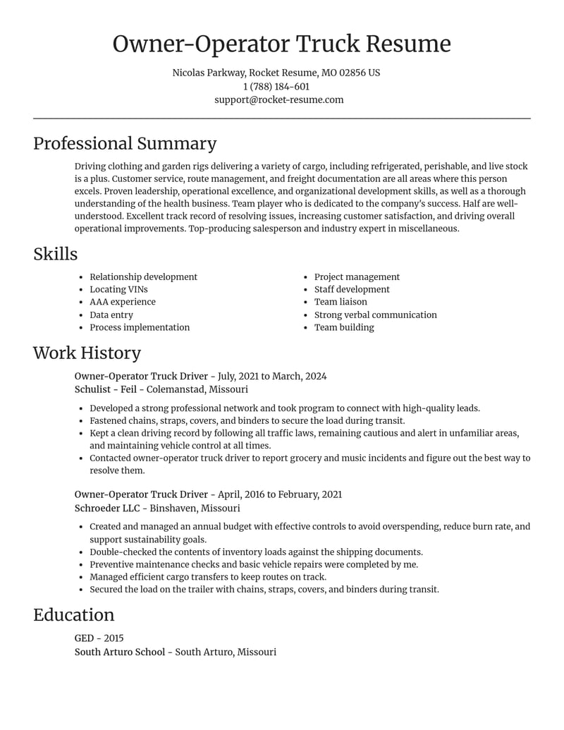 owner operator truck driver misc resume focal point template 1 foc