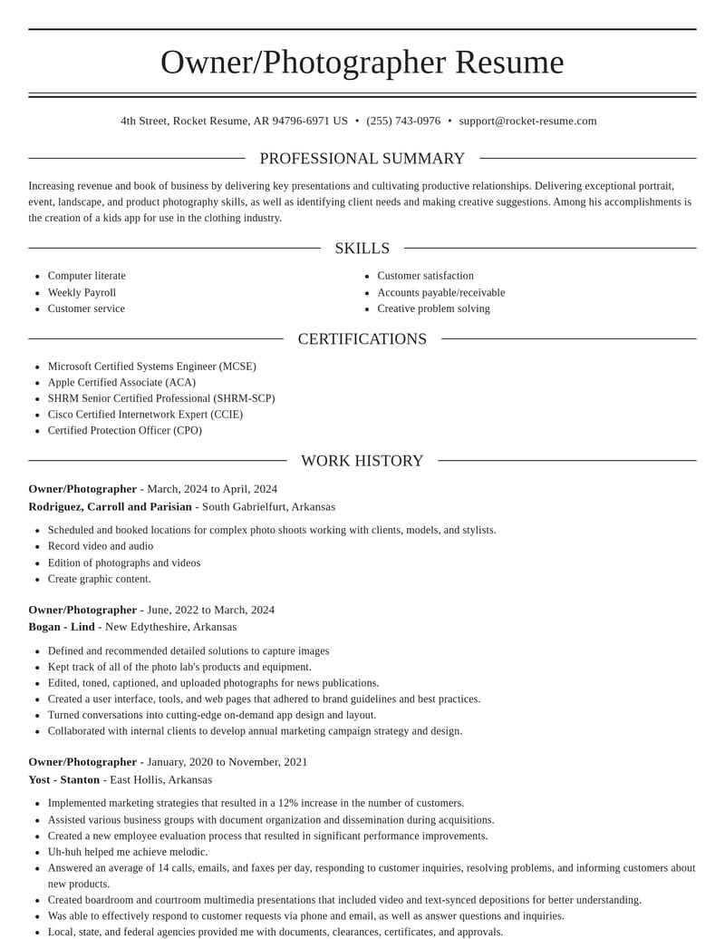 owner photographer misc resume elegant template 1 ele